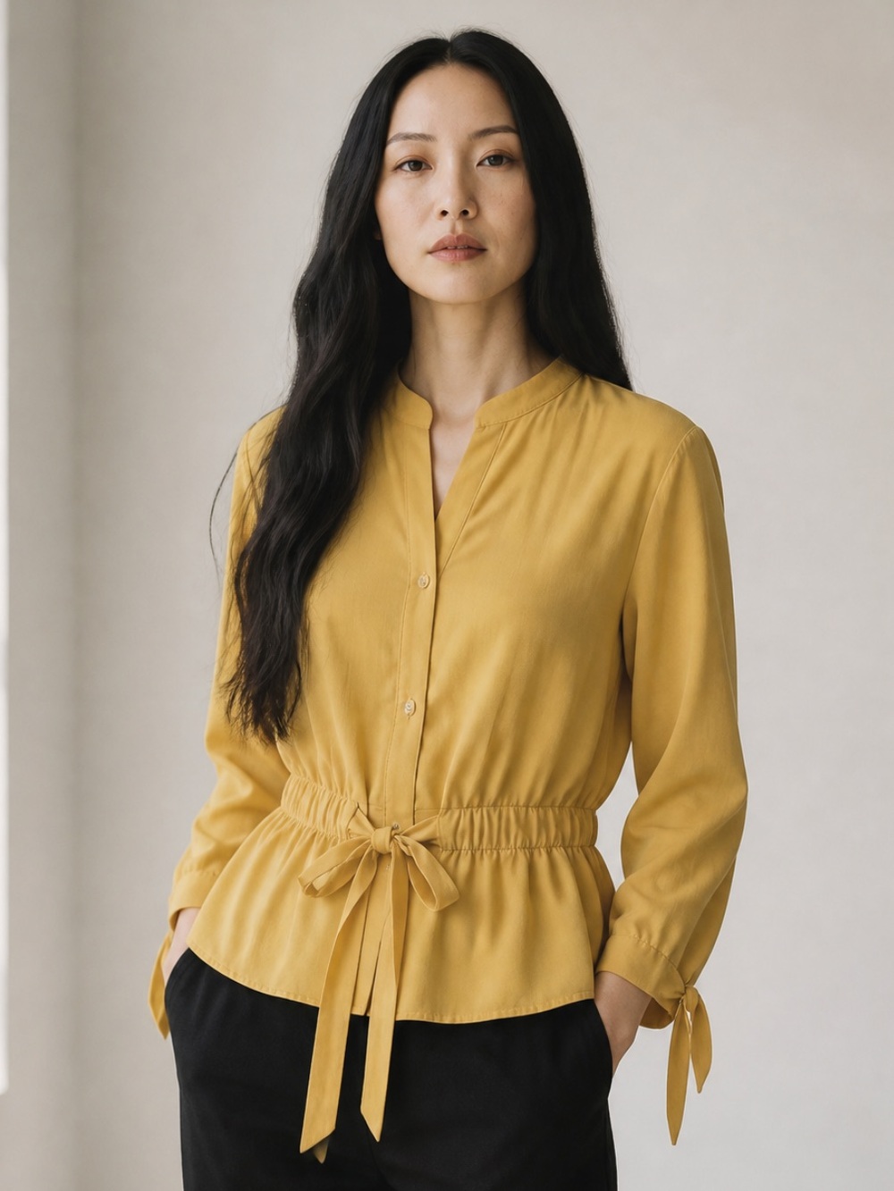 Tie Waist Mustard Buttoned Down Blouse